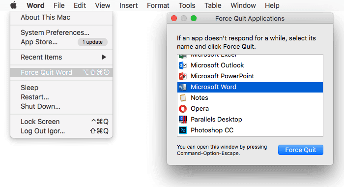 Force Quit MS Word on Mac